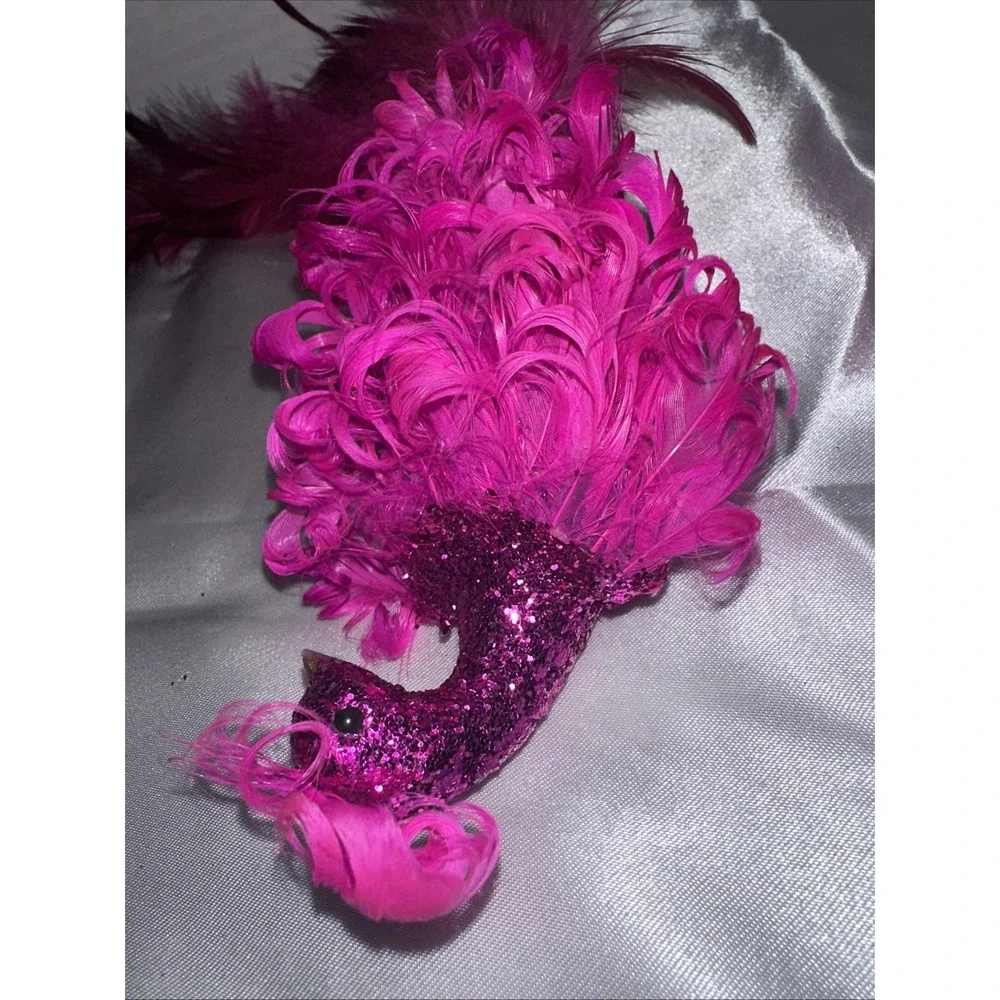 Pink Purple Glitter Peacock Feather Christmas Ornament Clip On Long Tail 16 Inch